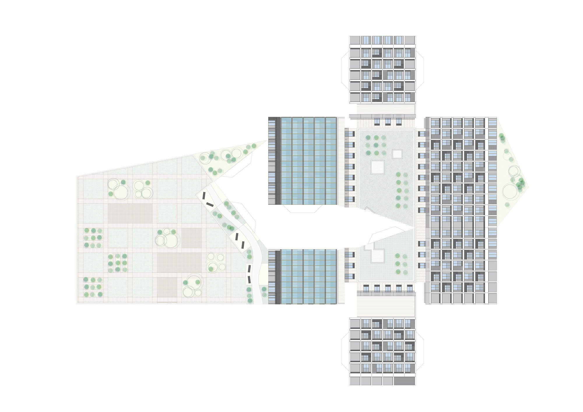 Plan en coupe montrant bâtiments, espaces verts et liaisons