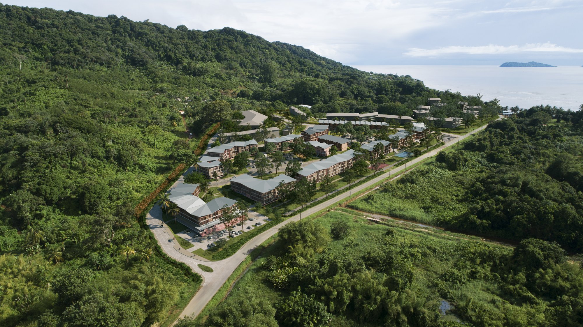 Vue aérienne, bâtiments intégrés à la végétation luxuriante